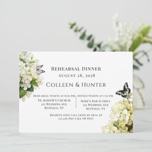 White Hydrangea Probe Floral Butterfly Abendessen Einladung (Stehend Vorderseite)