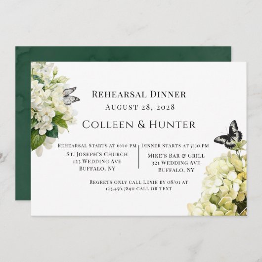 White Hydrangea Probe Floral Butterfly Abendessen Einladung (Vorne/Hinten)