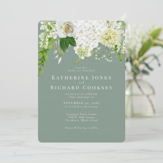 White Hydrangea Sage Rounded Wedding Einladung (Stehend Vorderseite)