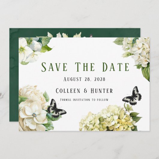White Hydrangea Schmetterling speichert die Datums Einladung (Vorne/Hinten)