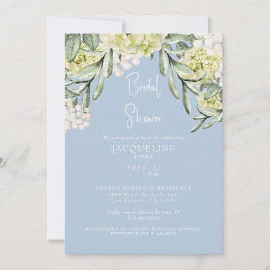 White Hydrangea Sky Blue Brautparty Einladung (Vorderseite)