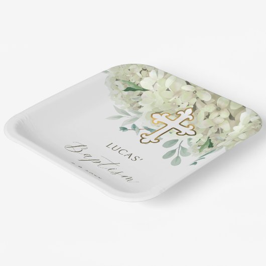 White Hydrangea Taufe Pappteller (Gewinkelt)