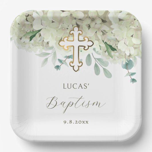 White Hydrangea Taufe Pappteller (Vorderseite)