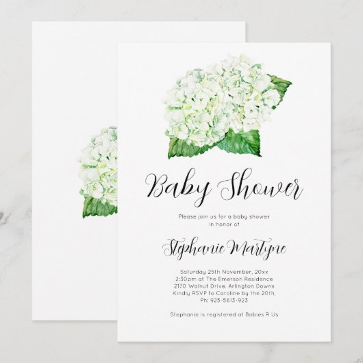 White Hydrangea Wassercolor Botanical Baby Dusche Einladung (Vorne/Hinten)