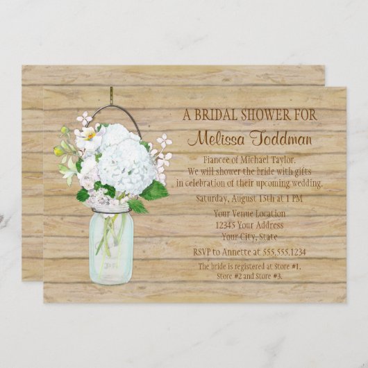 White Hydrangea Wassercolor Mason Jar Blume Einladung (Vorne/Hinten)