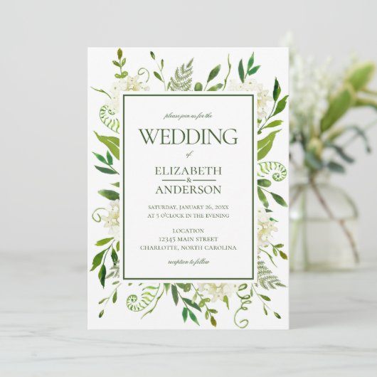 White Hydrangea Wedding Einladung (Stehend Vorderseite)