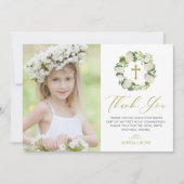 White Hydrangea Wreath Foto Erste Heilige Kommune Dankeskarte (Vorderseite)