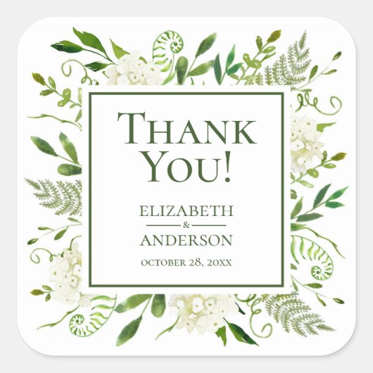 White Hydrangeas Floral Wedding Vielen Dank Quadratischer Aufkleber (Vorderseite)