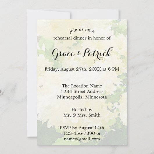 White Hydrangeas Hochzeitseinladung zur Probe Einladung (Vorderseite)