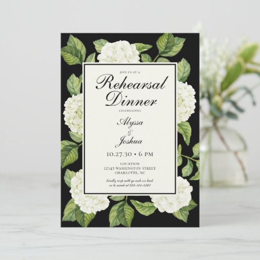 White Hydrangeas QR Code Probe Dinner Einladung (Stehend Vorderseite)