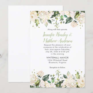 White Hydrangeas Rose Grüne Hochzeit Einladung