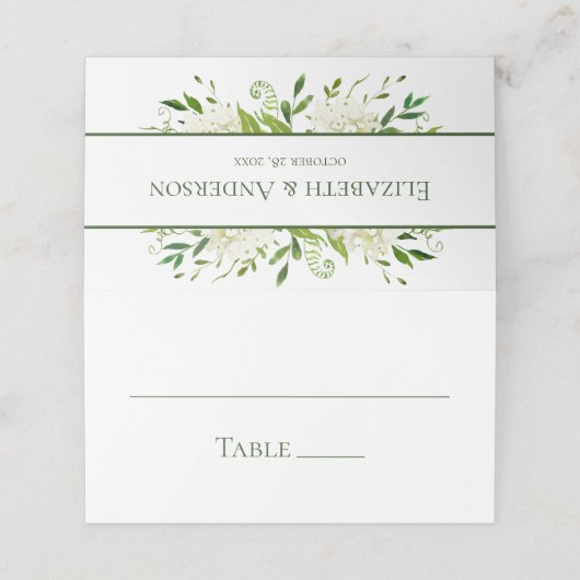 White Hydrangeas Wedding Platzkarte (Außenseite Aufgefaltet)