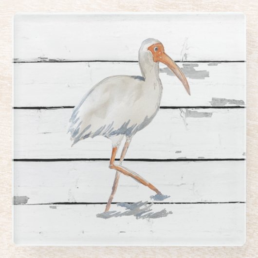 White Ibis Nautical Beach Deco Glass Untersetzer (Vorderseite)