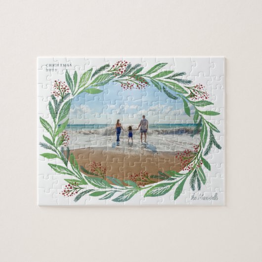 White Illustrated Leaf Wreath Foto Frame Puzzle (Horizontal)