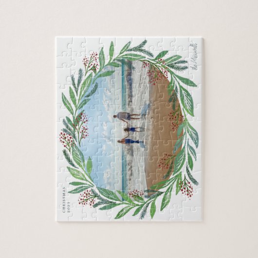 White Illustrated Leaf Wreath Foto Frame Puzzle (Vertikal)