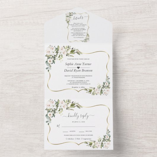 White Imperial Lilies Gold Frame Wedding All In One Einladung (Innen Boden)