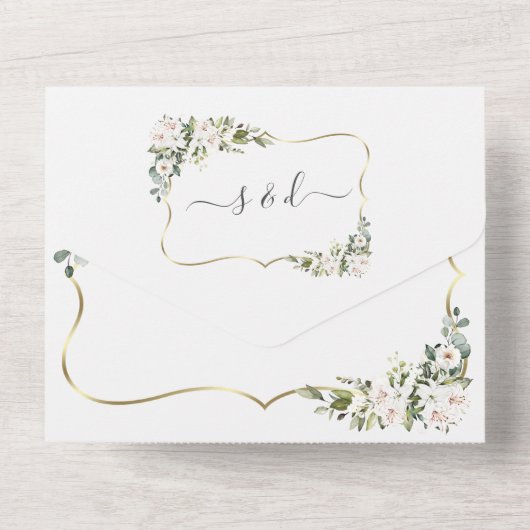 White Imperial Lilies Gold Frame Wedding All In One Einladung (Rückseite)