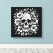 White Ink Floral Skull Gothic Wall Canvas Leinwanddruck (Insitu (Holzboden))