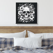 White Ink Floral Skull Gothic Wall Canvas Leinwanddruck (Insitu (Schlafzimmer))