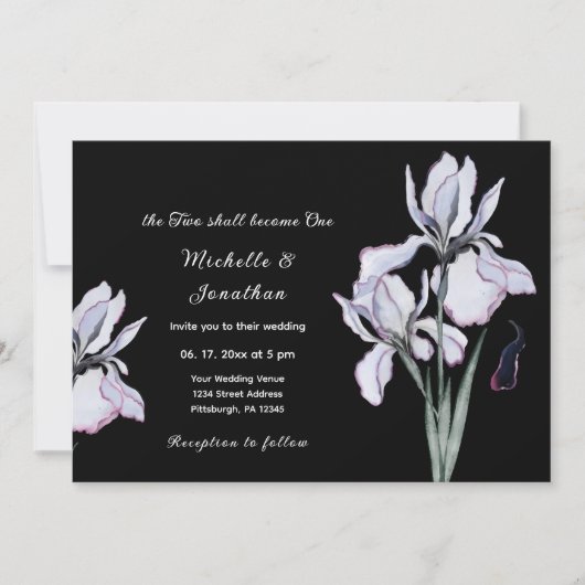 White Iris Floral on Black Christlich Wedding Einladung (Vorderseite)