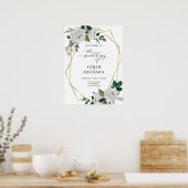 White Ivory Emerald Blätter Floral Wedding Willkom Poster (Küche)