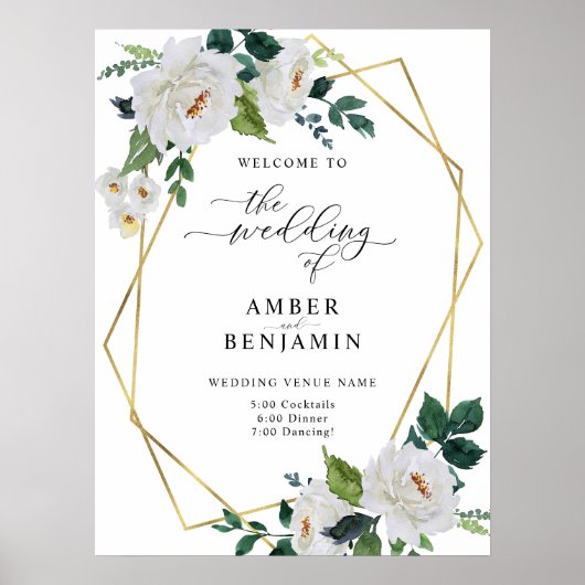 White Ivory Emerald Blätter Floral Wedding Willkom Poster (Vorne)