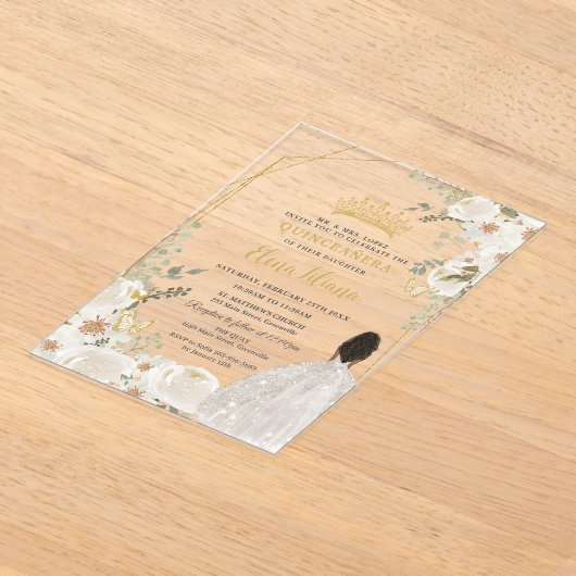 White Ivory Floral Brown Princess Gold Quinceanera Acryleinladungen (Ablage )