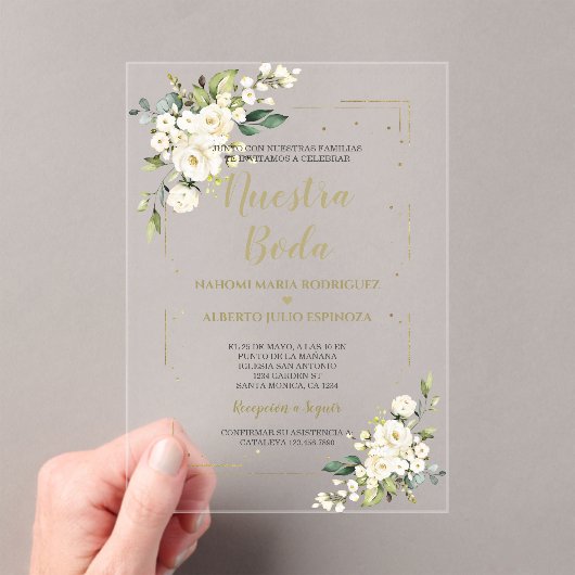 White Ivory Floral Gold Nuestra Boda Calligraphy Acryleinladungen (Insitu (Handheld))