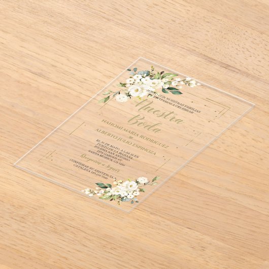 White Ivory Floral Gold Nuestra Boda Calligraphy Acryleinladungen (Ablage )