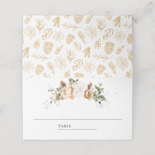 White Ivory Gold Weihnachtsblume Hochzeit Platzkarte (Außenseite Aufgefaltet)