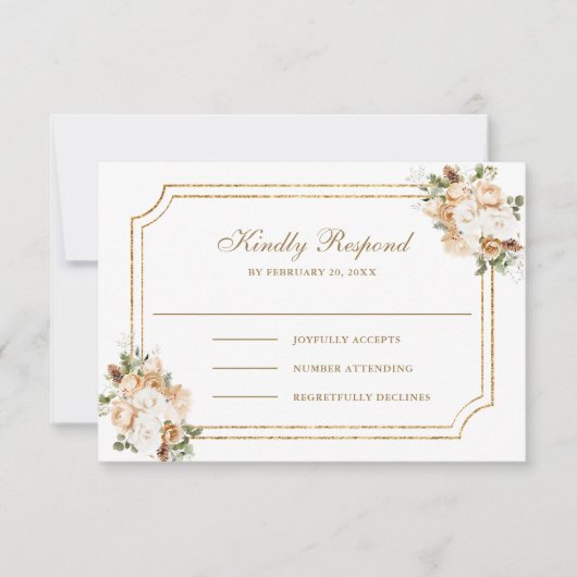 White Ivory Gold Weihnachtsblume Hochzeit RSVP Karte (Vorderseite)