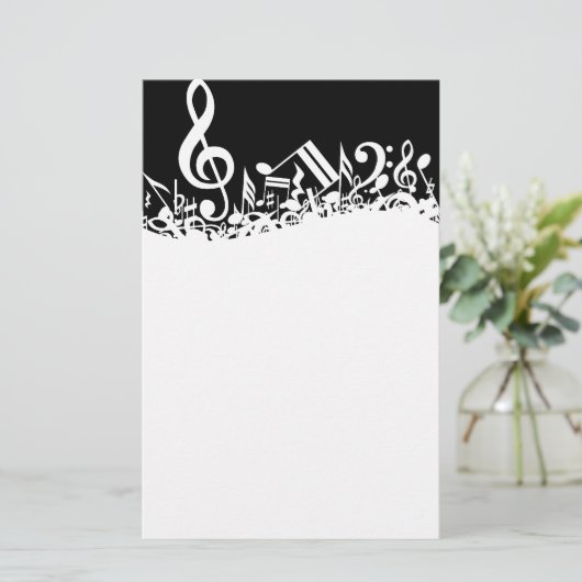 White Jumbled Musical Notes on Black Briefpapier (Stehend Vorderseite)