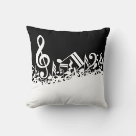 White Jumbled Musical Notes on Black Kissen