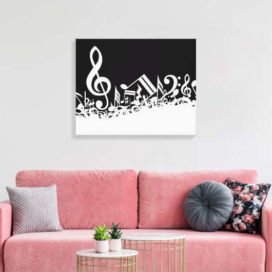 White Jumbled Musical Notes on Black Leinwanddruck (Insitu (Wohnzimmer))