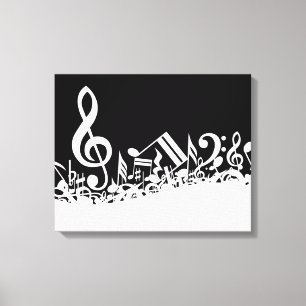 White Jumbled Musical Notes on Black Leinwanddruck
