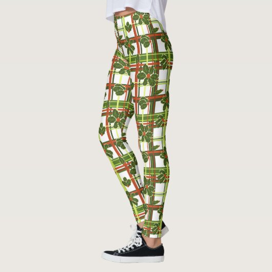 White Kariert Holly Berries Weihnachten Leggings (Links)