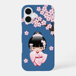 White Kimono Kokeshi Doll - Cute Geisha Girl Blue iPhone 16 Hülle