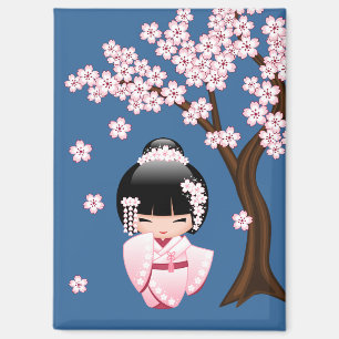 White Kimono Kokeshi Doll - Niedlich Geisha Blue Magnet