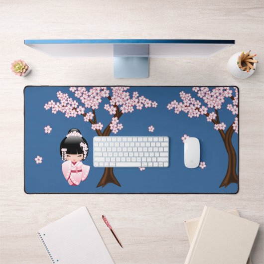 White Kimono Kokeshi Doll Niedlich Geisha Blue Schreibtischunterlage (Büro 1)