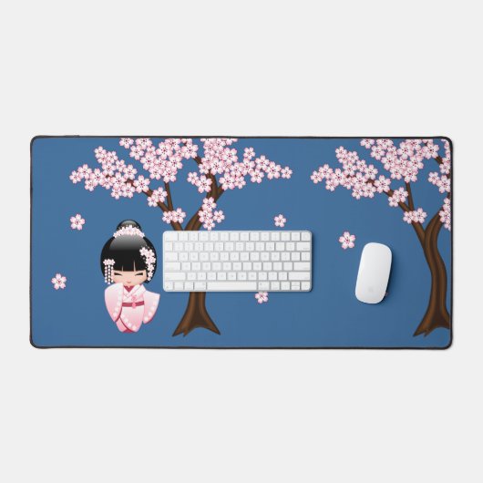 White Kimono Kokeshi Doll Niedlich Geisha Blue Schreibtischunterlage (Tastatur & Maus)