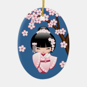 White Kimono Kokeshi Doll - Niedlich Geisha Girl B Keramik Ornament
