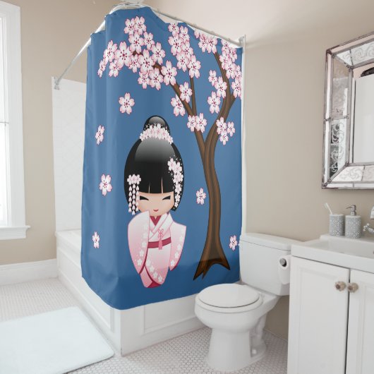 White Kimono Kokeshi Doll Niedlich Geisha Girl Blu Duschvorhang (Beispiel)