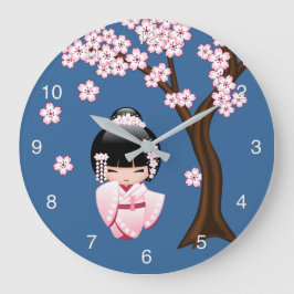 White Kimono Kokeshi Doll Niedlich Geisha Girl Blu Große Wanduhr