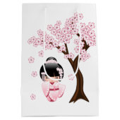 White Kimono Kokeshi Doll Niedlich Geisha Girl Blu Mittlere Geschenktüte (Rückseite)