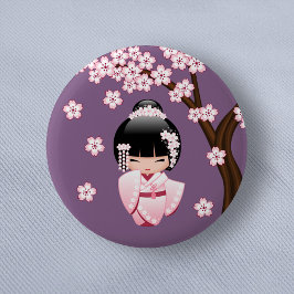 White Kimono Kokeshi Doll - Niedlich Geisha Girl Button
