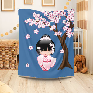 White Kimono Kokeshi Doll - Niedlich Geisha Girl Fleecedecke