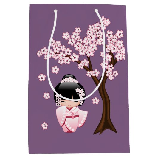 White Kimono Kokeshi Doll Niedlich Geisha Girl Lil Mittlere Geschenktüte (Vorderseite)