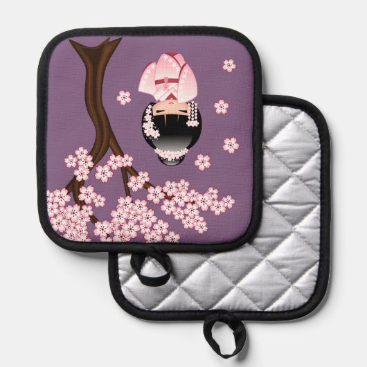 White Kimono Kokeshi Doll Niedlich Geisha Girl Lil Topflappen (Vorderseite/Rückseite)