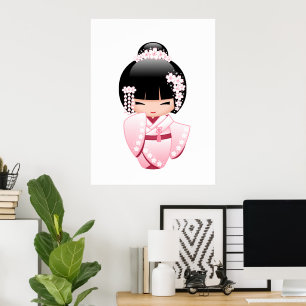 White Kimono Kokeshi Doll - Niedlich Geisha Girl Poster