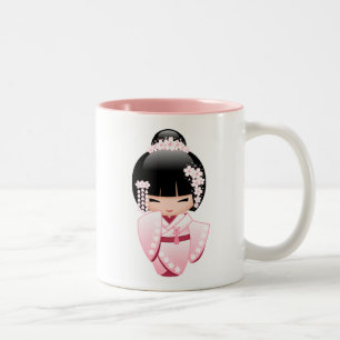 White Kimono Kokeshi Doll - Niedlich Geisha Girl Zweifarbige Tasse